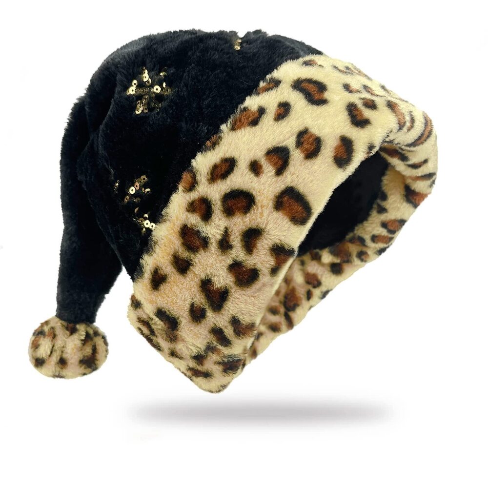 1188 Black Leopard Print Santa Hat - Plush Sequin Xmas Christmas Hat